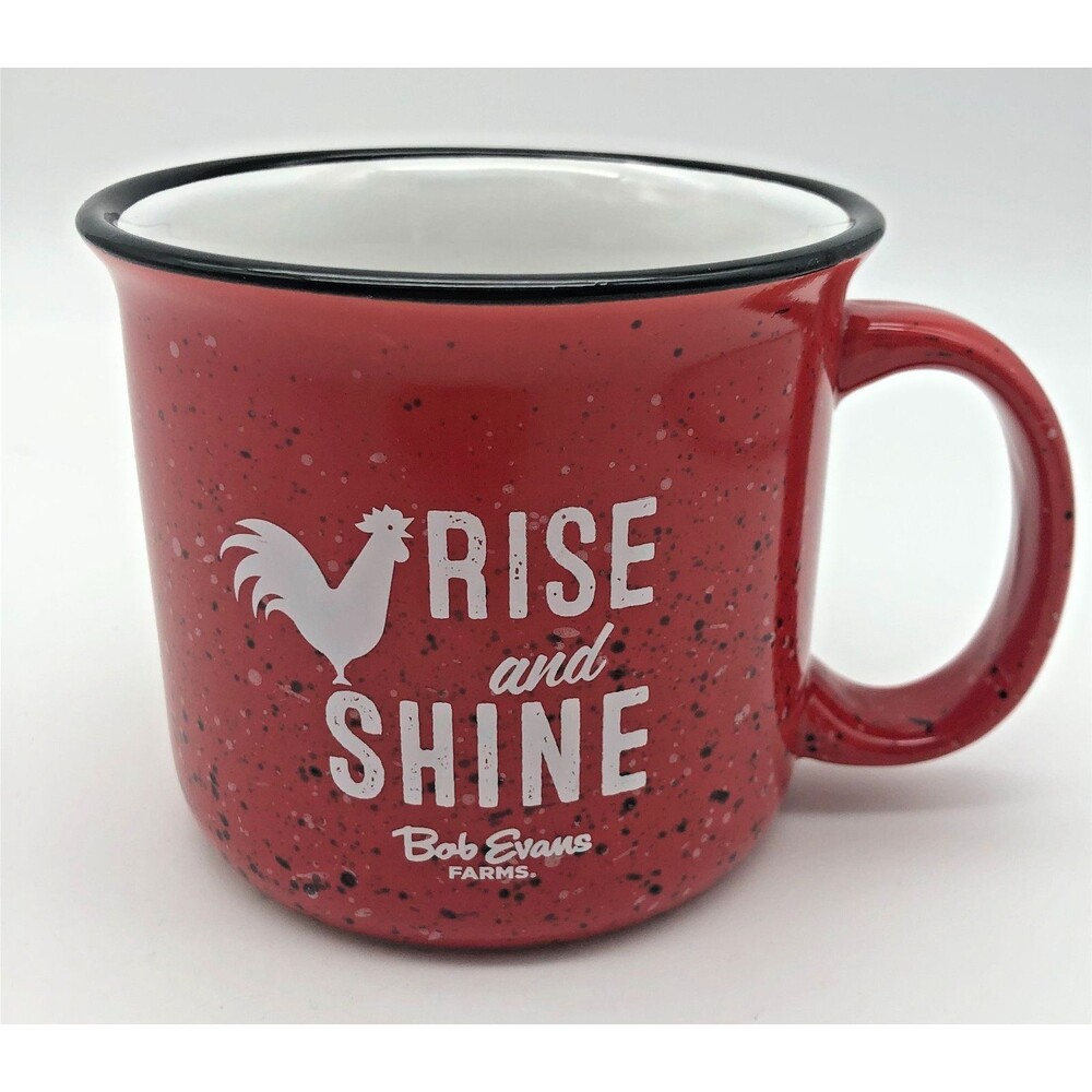 Bob Evans Coffee Tea Mug RISE AND SHINE Rooster Red White Speckled Campfire 18oz